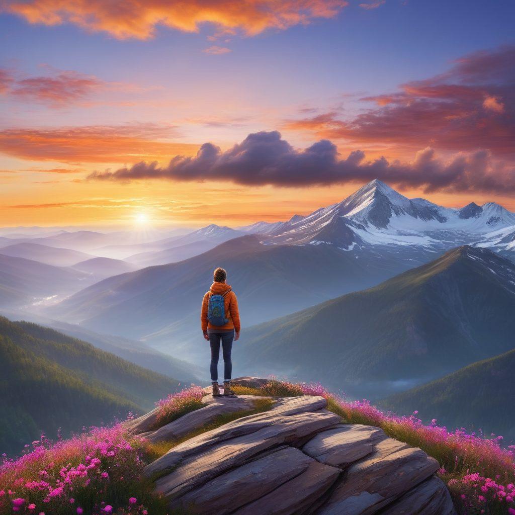 A resilient person standing triumphantly on a mountain peak, overlooking a sunrise that symbolizes hope and perseverance. In the background, a collage of inspirational quotes about mental health and cancer survival rates blends seamlessly into the sky. The foreground features a delicate balance of nature, with blooming flowers representing growth and endurance. The color palette is warm and inviting, enhancing a sense of optimism and strength. super-realistic. vibrant colors. peaceful atmosphere.